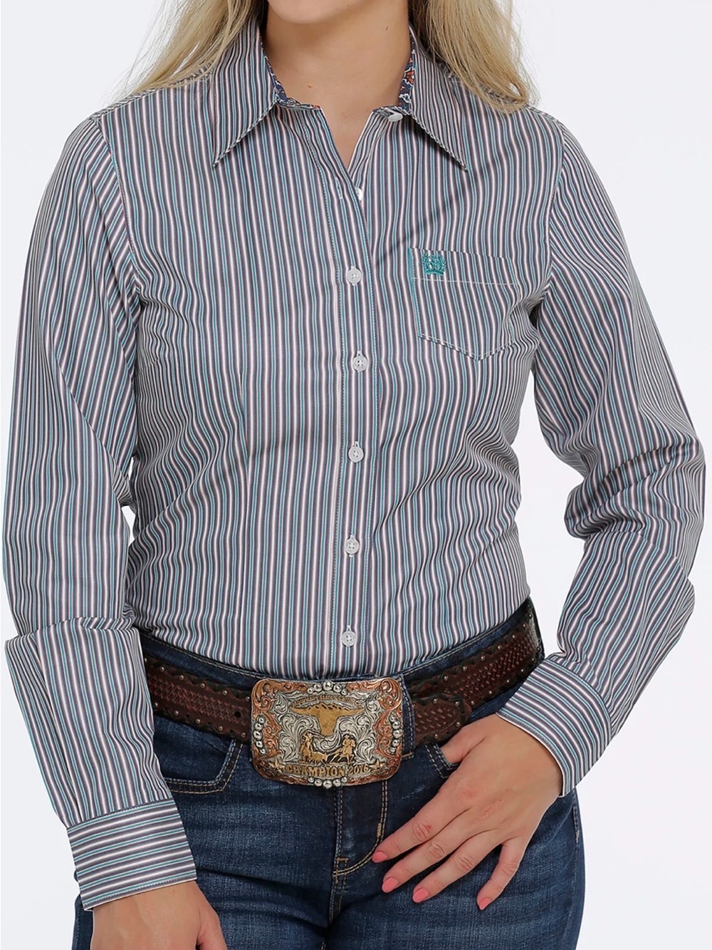 Cinch Women's Tri-Color Stripe Tencel Button Down Shirt- Navy, Teal, Cream Small